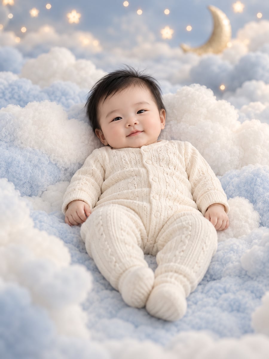 Baby nestled in a soft cloud-inspired portrait