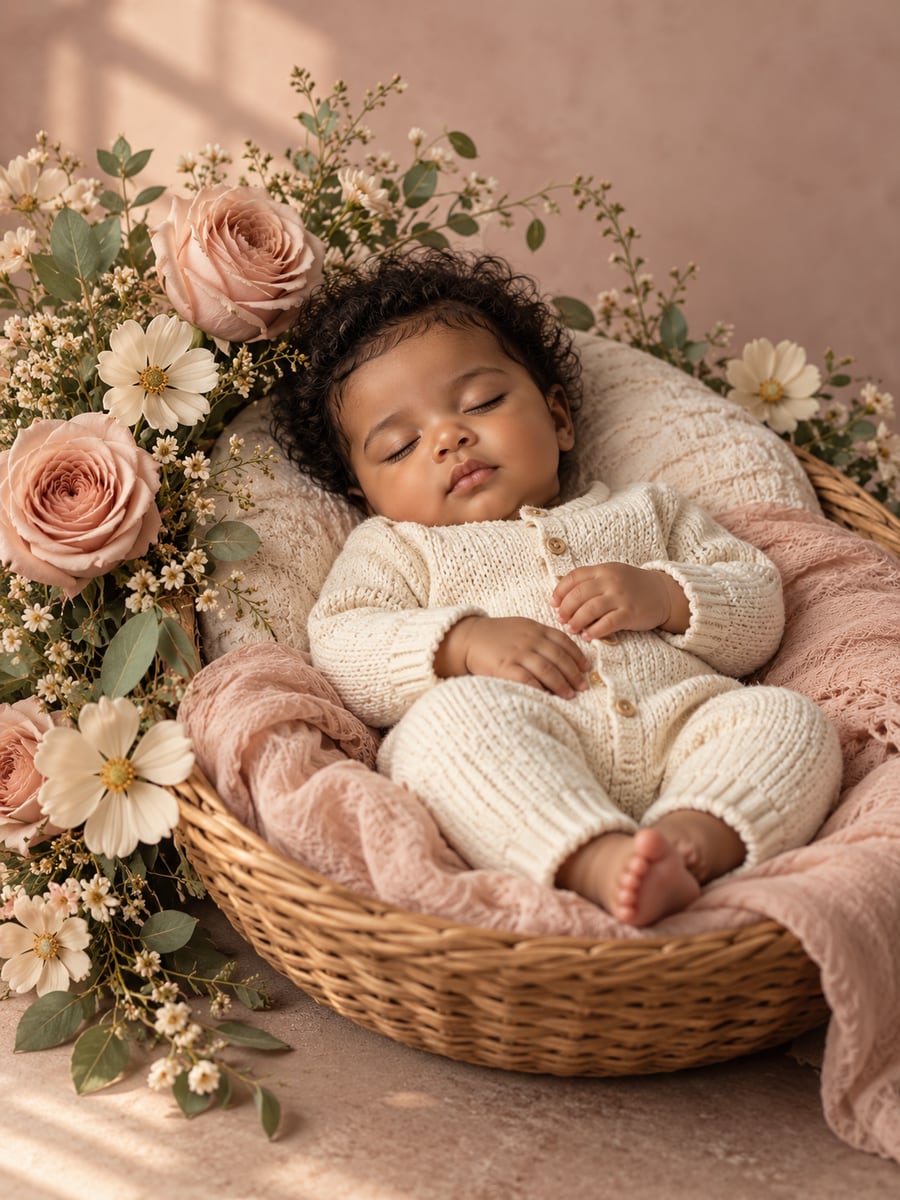 Floral Basket: sleeping baby surrounded by soft pink flowers